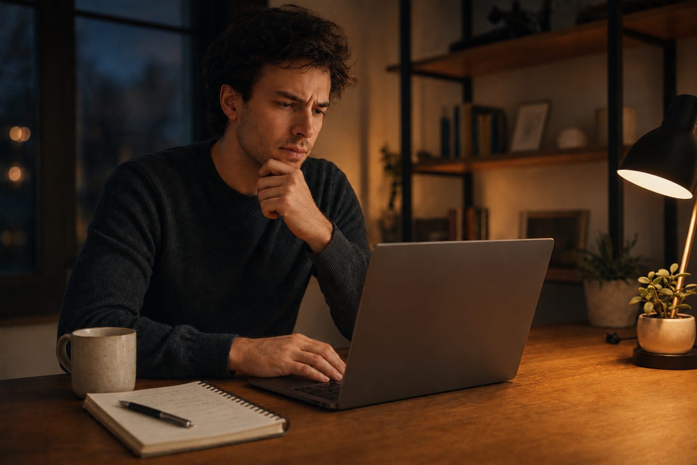 Mitarbeiter schreibt am Laptop an einem Fachbeitrag
