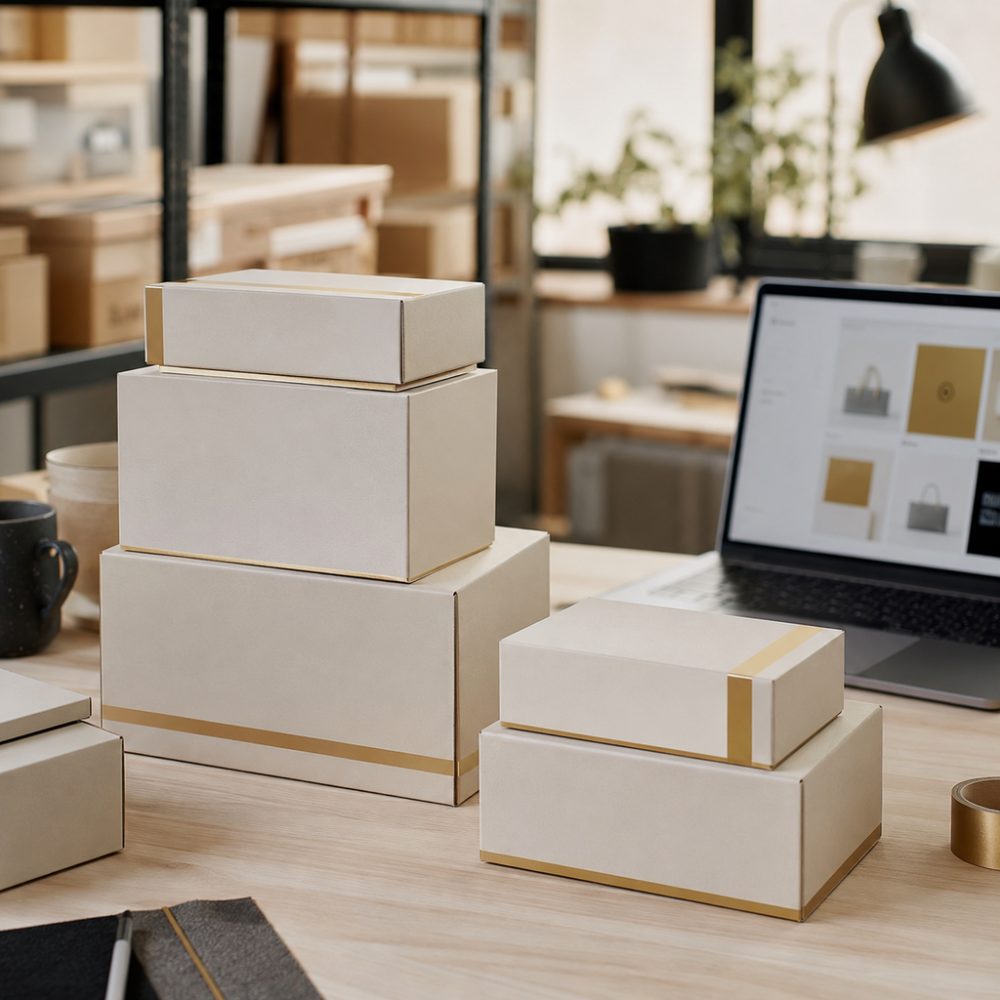 E-Commerce-Versandszene mit Kartons und Shop-Oberfläche