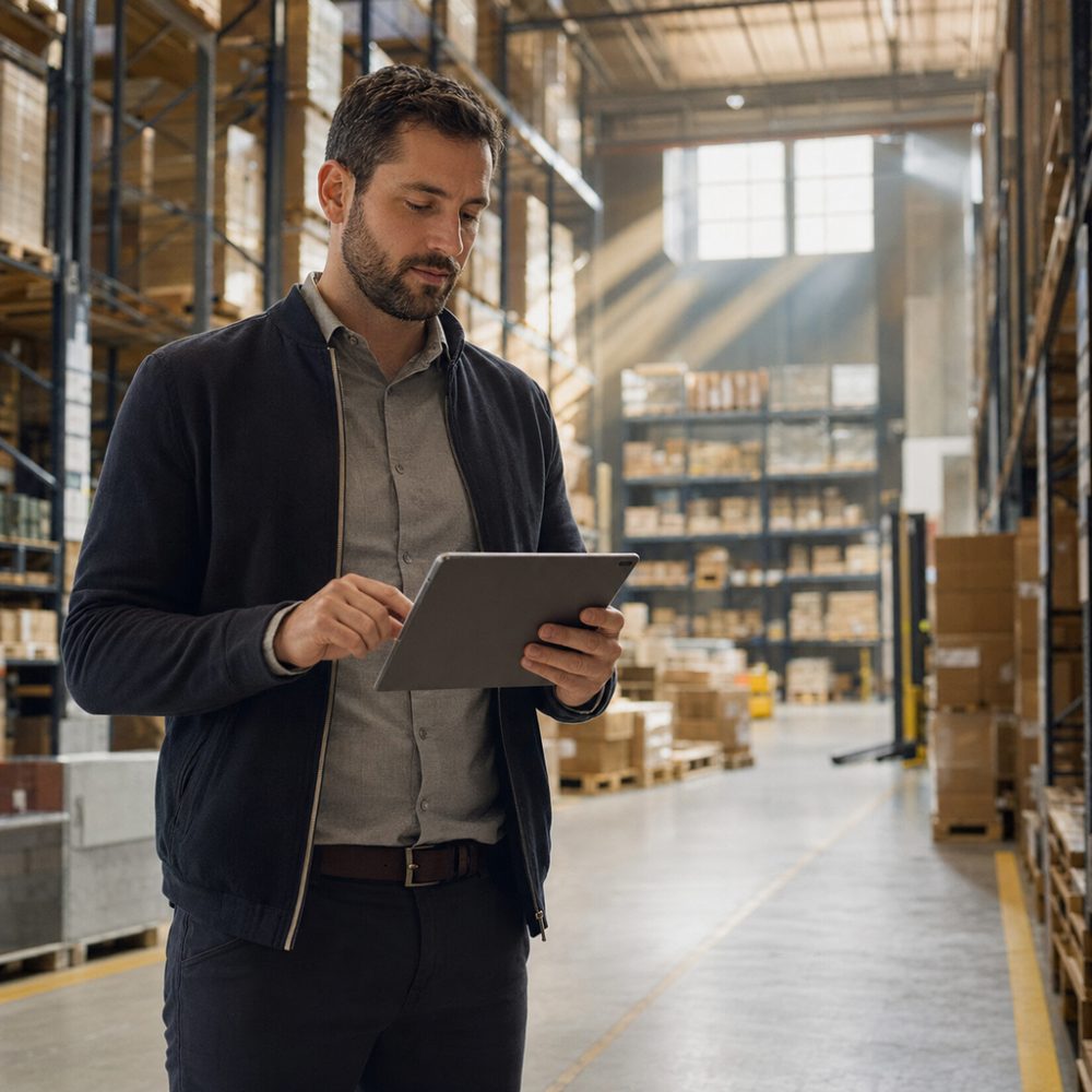 Modernes Logistiklager mit Mitarbeiter und Tablet