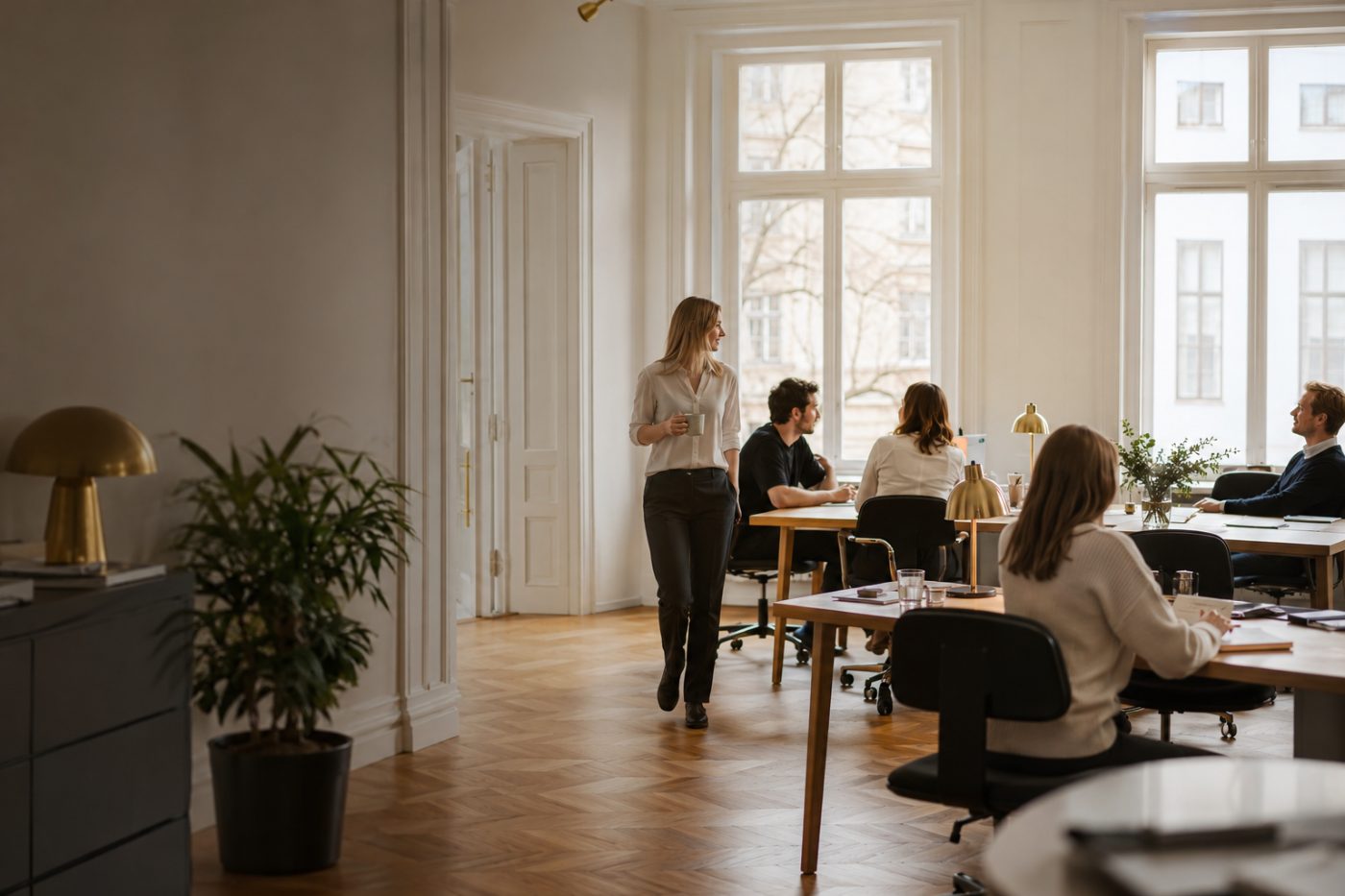 Team von Online-Profession bei der Arbeit im Altbaubüro