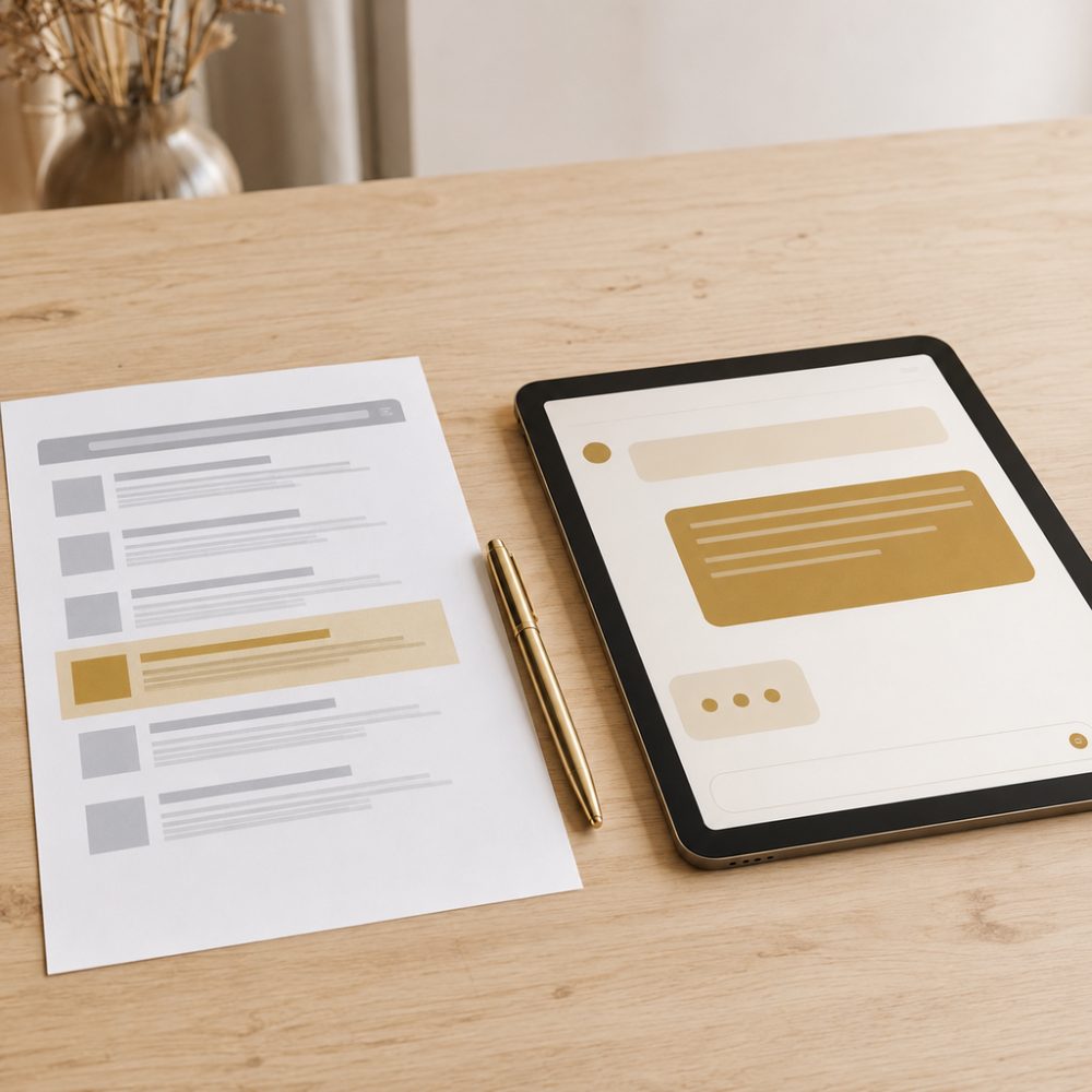 Geprüftes Dokument mit goldener Markierung neben einem Tablet