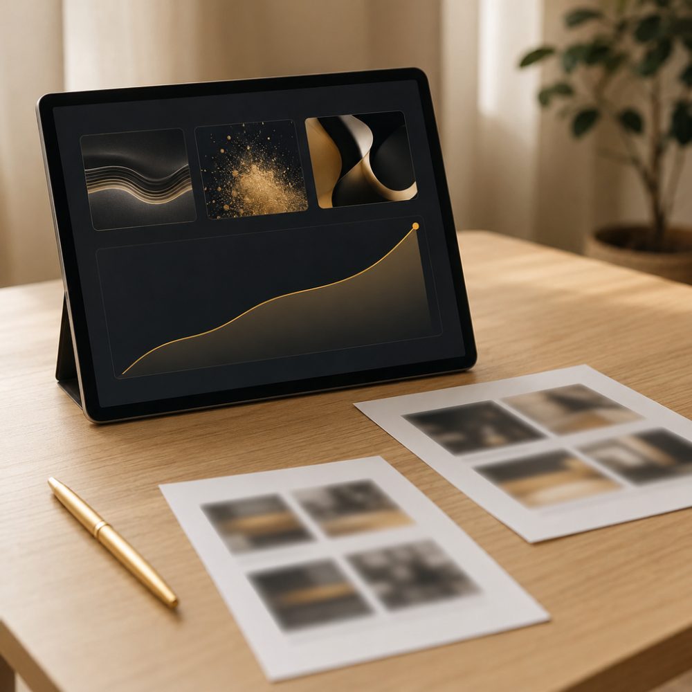 Tablet mit Kampagnen-Dashboard und Anzeigenvarianten
