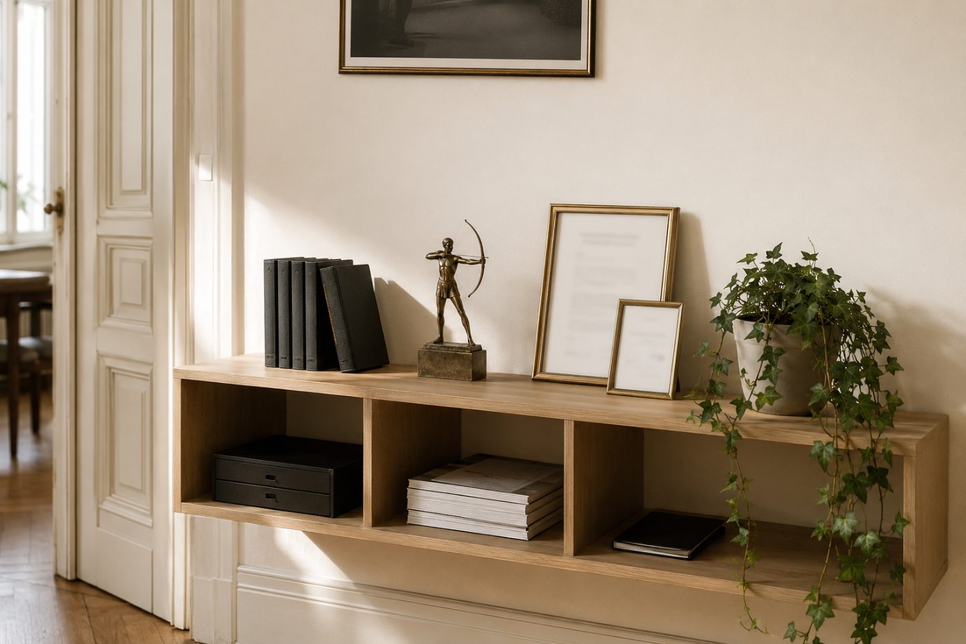 Bürodetail mit Regal, Auszeichnungen und Pflanze