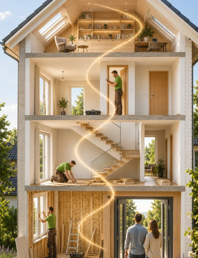 Schnittbild eines Hauses mit Tischlern der Tischlerei Menne bei Fenstereinbau, Boden und Innenausbau, unten ein Paar vor der Haustür